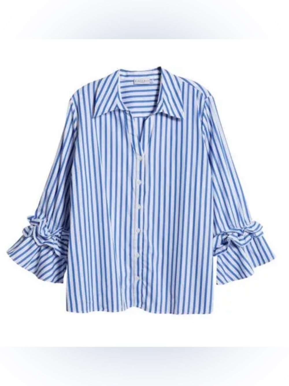 Harshman Blue White Striped Ruffle Bell Sleeve Button Up Blouse Top NWT XS
